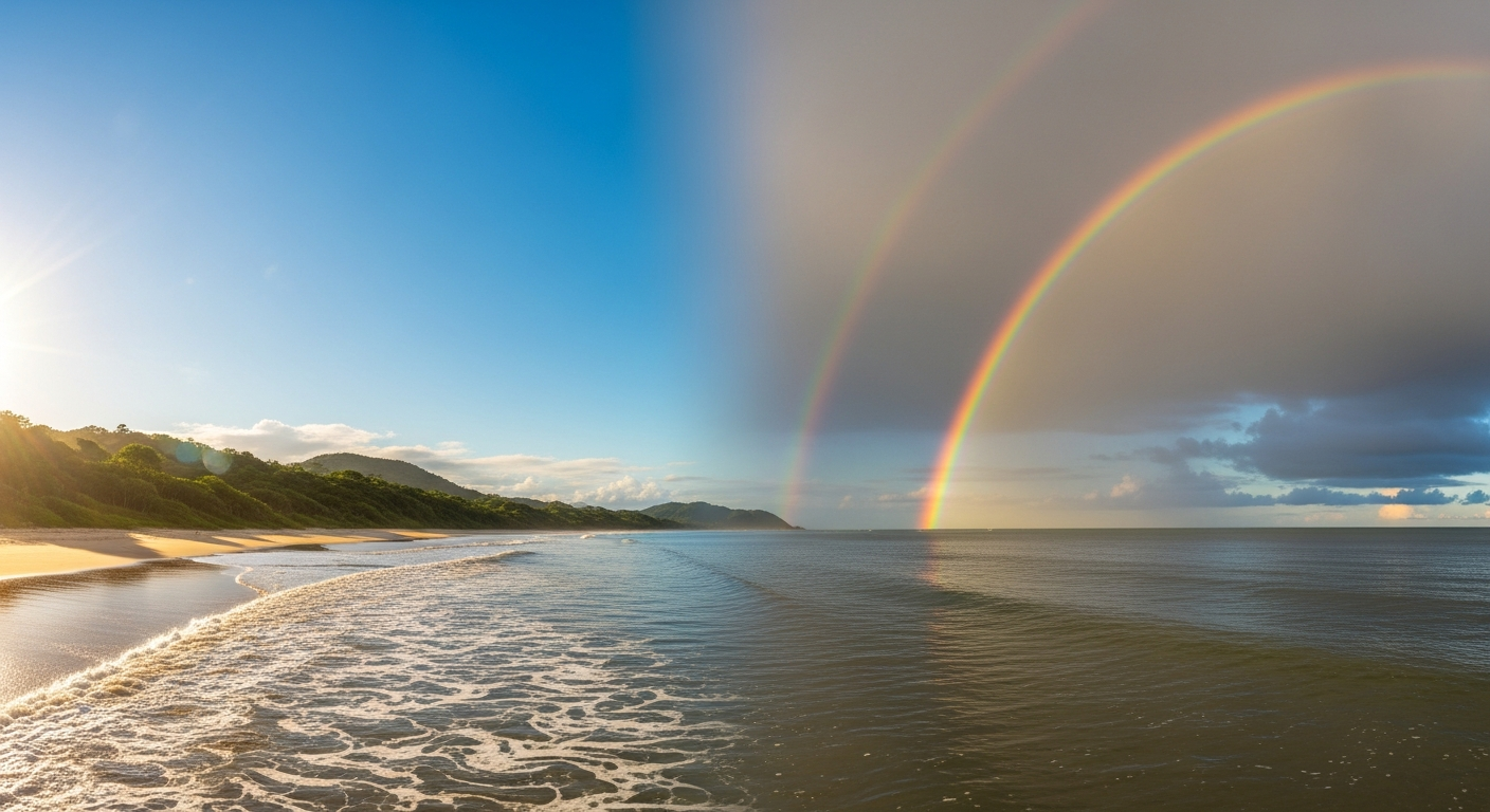 Praia tropical brasileira com sol e arco-íris após a chuva