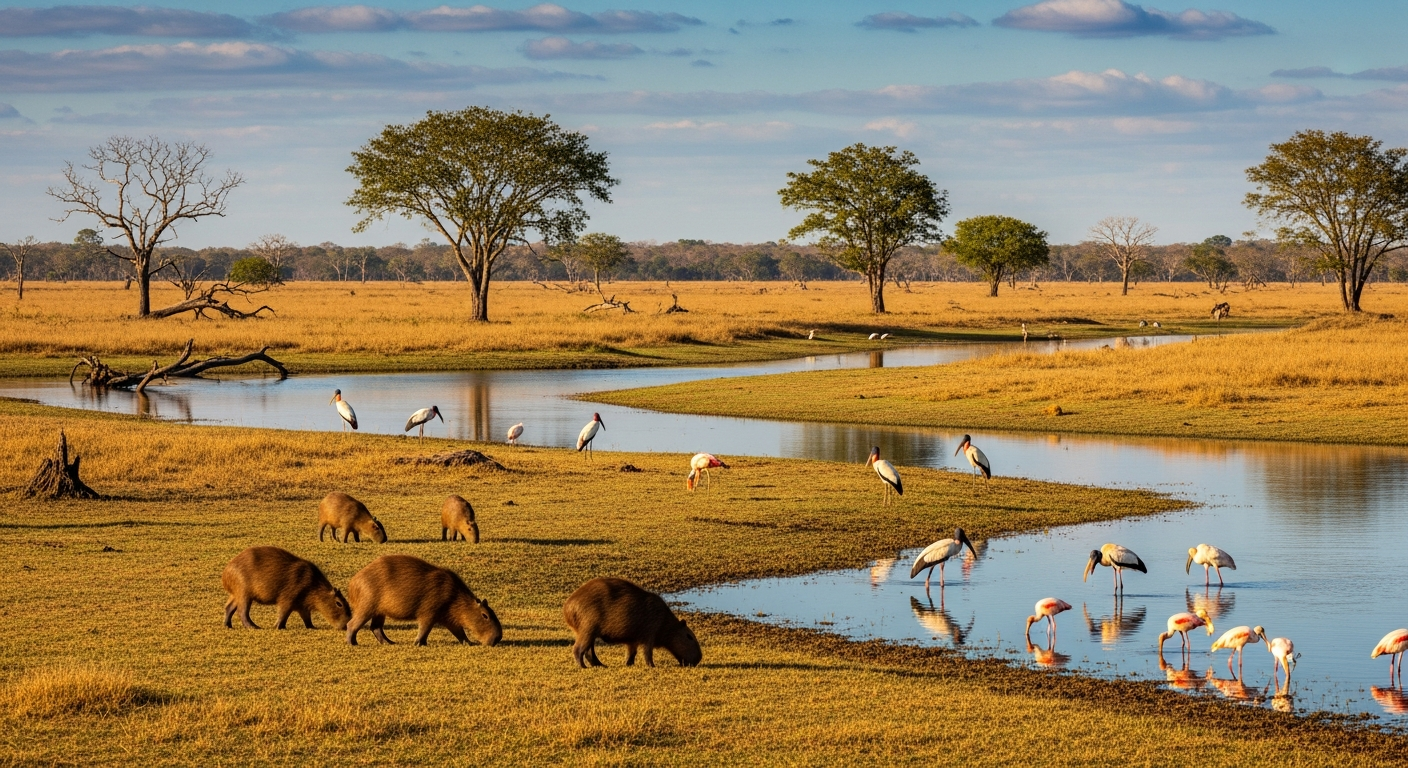 Pantanal na estação seca, com campos dourados, capivaras e aves à beira de um rio raso sob a luz da tarde